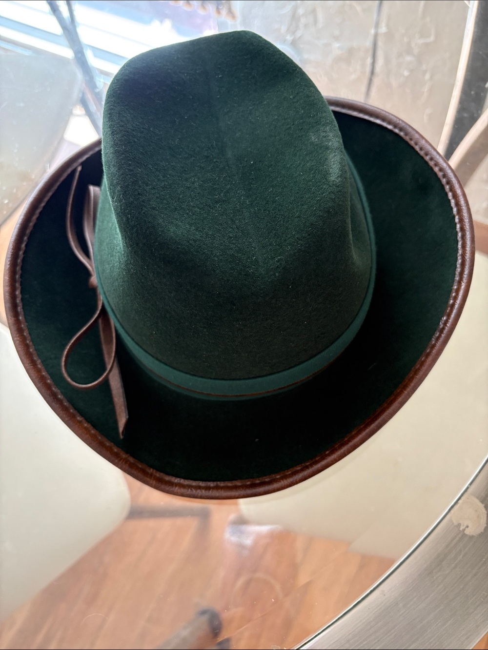 Womens Dark Green Felt Ranch Hat with Brown Trim